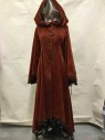 Womens, Historical Fiction Coat, MTO, Rust Orange, Lt Blue, Chocolate Brown, Cotton, Polyester, Solid, Floral, B:38, Velveteen Cloak With Flared Sleeves And Asymmetrical Hemline.  Dark Brown Pompom Fringe, Hook & Eyes, With Faux Buttons On Front, Fully Lined. Vented Armpits, Multiples