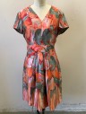 Womens, Dress, Short Sleeve, BANANA REPUBLIC, Peach Orange, Gray, Red, Dusty Lavender, Silk, Floral, Sz.6, Satin, V-neck, 2" Wide Self Waistband, Small Pleats at Center Front Waist, Straight Fit at Hips, 2 Pckts, Knee Length, Invisible Zipper in Back