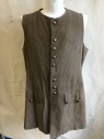 FOX 42 (MTO), Dk Khaki Brn, Cotton, Polyester, Solid, (DOUBLE)  Long Vest, Slightly Aged, Solid Black Lining, Round Neck,  9 Brass Button Front (2nd & 7th Button Missing), 2 Batwing Flap with 3 Brass Matching Buttons (partial Ripped on Left Flap), Split Sides and Center Back Hem