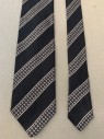 ERMENIGILDO ZEGNA, Black, Silver, Silk, Stripes - Diagonal , Geometric, Textured, Square Medallions in Stripes, Multiple