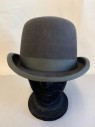 Mens, Historical Fiction Hat , PIERONI BRUNO, Black, Wool, Solid, 7 3/8, Late 1800s Bowler. Well Sized. Grosgrain Trim and Headband, Multiples