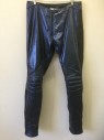 Mens, Sci-Fi/Fantasy Piece 2, JOHN DAVID RIDGE, Midnight Blue, Metallic, Black, Red, Leather, Solid, Ins:34, W:30, Exposed Zipper at Center Front Waist, Black Panels with Red Piping at Sides, Ribbed Stitching in Various Directions, Slim Leg