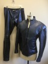 Mens, Sci-Fi/Fantasy Piece 1, JOHN DAVID RIDGE, Midnight Blue, Metallic, Leather, Solid, 38, Long Sleeves, Zip Front, Stand Collar, Diagonal Panels Criss Crossed Across Front, Ribbed Stitching on Collar and Cuffs, Chunky Shoulder Pads