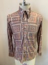 ANTO, Mauve Pink, Tan Brown, Brown, Multi-color, Nylon, Geometric, Squares, Long Sleeves, Button Front, 7 Buttons, 1 Button Cuff, Repro, **MULTIPLES