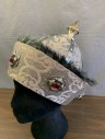 N/L MTO, Gray, Silver, Beige, Dk Gray, Silk, Metallic/Metal, Floral, Solid, Rounded Helmet Like Shape, Gray Brocade, Silver Metal Structure with Protruding Point at Center of Crown, Gray Faux Fur Edging, Silver Brooches with Red Stones, Made To Order, 1000-1100's Asia