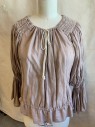 Womens, Historical Fiction Blouse, N/L, Mauve Pink, Linen, Cotton, Solid, B:36, Split Front with 3" Smocking Along Round Neck with Cream D-string, Gathered Long Sleeves with Big Ruffle, Elastic Waist with Ruffle Hem (DOUBLE) But This One is Clean