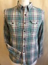 RALPH LAUREN, Teal Green, Heather Gray, Navy Blue, Off White, Dk Red, Cotton, Plaid, (DOUBLE)  Collar Attached, Navy Button Front, 2 Pockets with Flap & Navy Button, Long Sleeves,