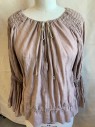 Womens, Historical Fiction Blouse, N/L, Mauve Pink, Linen, Cotton, Solid, W:26, B:36, (Lightly Aged/distressed All Over)Split Front with 3" Smocking Along Round Neck with Cream D-string, Gathered Long Sleeves with Big Ruffle, Elastic Waist with Ruffle Hem (DOUBLE)
