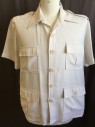 FOX 42, Off White, Linen, Polyester, Solid, Collar Attached, Epaulettes with Button, Button Front, 4 Pockets with Flap (2 Top-no Button, and 2 Bottom with 1 Button) Short Sleeves, Large Pleat & Split Bottom Center, Multiples,