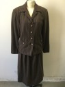 N/L, Brown, Wool, White Dashed Double Pinstripe, Single Breasted, Collar Attached, 4 Buttons, 2 Pockets at Hips with Button Closures, Heavily Padded Shoulders, Made To Order, Matronly Fit,