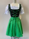 Womens, International Dress, EDELWEIS, Black, Green, White, Yellow, Poly/Cotton, Floral, XS, Green Piping, Corset Style Top, Lace Up Bust with Silver Floral Eyelets, Scoop Neck, Sleeveless, Pleated Skirt, German