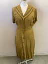 NL, Olive Green, Yellow, Terracotta Brown, Dk Green, Cotton, Floral, Geometric, V-neck, Fold Along Neckline That Stop at Shoulders, Olive Green Trim, Pleated Bust, Button Front, Short Sleeves, Hem Below Knee