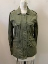 Womens, Casual Jacket, VELVET, Olive Green, Cotton, Solid, S, Snap and Zip Front, 4 Pockets, Drawstring at Waist, 2 Epaulettes