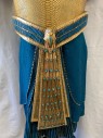 Mens, Historical Fiction Piece 4, MTO, Gold, Turquoise Blue, Teal Blue, Plastic, Leather, OS, Waist Sash, Cylinder Teal Beads on Waist, 2 Layer Leather Piece Hangs Down Center with Metallic Feathers,Turquoise Stones, & Owl at Center Waist, Velcro Back