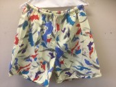 Mens, Swim Suit, GABRIELLE, Butter Yellow, Red, Blue, Purple, Gray, Poly/Cotton, Abstract , L, With Radical Colorful Shapes, Drawstring and Elastic Waist, 1 Back Pocket, 6" Inseam,