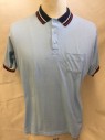 KING LOUIE, Baby Blue, Navy Blue, White, Red, Cotton, Solid, Stripes - Horizontal , (TRIPLETS)  EMPIRE SHIRTS- Polo Shirts, Baby Blue, Navy with White & Red Stripes Collar Attached And Short Sleeves Cuffs, 3 Button Front, 1 Pocket