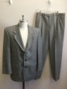 N/L, White, Black, Wool, Glen Plaid, Grid , Blue Faint Grid Stripes, Single Breasted, Notched Lapel, 3 Buttons, 3 Pockets, Solid Dark Gray Lining