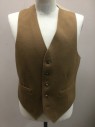 Mens, Vest, N/L, Camel Brown, Wool, Polyester, Solid, 40, Single Breasted, 5 Buttons, 2 Welt Pockets, Self Diamond and Vertical Stripe Pattern Poly Lining and Back, Belted Back