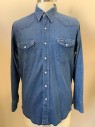 Mens, Western Shirt, Wrangler, Denim Blue, Cotton, Solid, 34, 16.5, L/S, Snap Button, Collar Attached, Chest Pockets