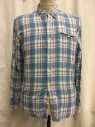 LUCKY BRAND, Dusty Blue, White, Brown, Salmon Pink, Cotton, Plaid, Dusty Blue/ White/ Brown/ Salmon Plaid, Button Front, Collar Attached, Long Sleeves, 1 Pocket