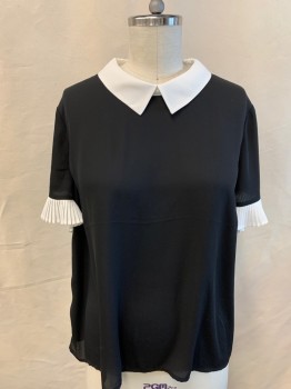 CECE, Black, White, Polyester, Color Blocking, Solid, Keyhole Button Back, 1 Button, Peter Pan Collar, Pleated Sleeve Flounce, Sheer, MULTIPLE