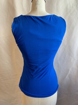 Womens, Top, CLASSIQUE ENTIER, Royal Blue, Silk, Nylon, Solid, M, Double Mesh Layers, Scoop Neck, Sleeveless, Ruffle Vertical Stripes Down Center
