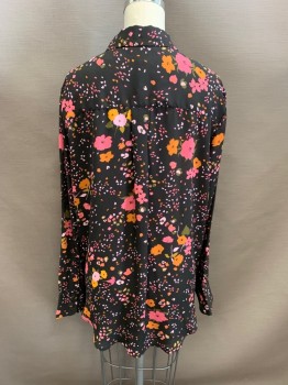 Womens, Blouse, POP SUGAR, Black, Hot Pink, Orange, Green, Lt Pink, Polyester, Floral, M, Collar Attached, Button Front, Long Sleeves