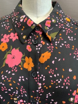 Womens, Blouse, POP SUGAR, Black, Hot Pink, Orange, Green, Lt Pink, Polyester, Floral, M, Collar Attached, Button Front, Long Sleeves