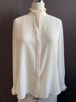 Womens, Blouse, ANNE KLEIN, Eggshell White, Polyester, Solid, L, Button Front, Hidden Placket, Band Collar with Chiffon Ruffle Trim, Long Sleeves, Pleated at Cuffs, Button Cuff with Chiffon Ruffle Trim
