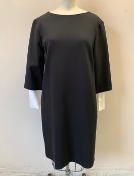 Womens, Dress, Long & 3/4 Sleeve, ELLEN TRACY, Black, Rayon, Nylon, Solid, Sz.2, Ponte Knit, White Cuffs Peeking Out at Wrists, Bateau/Boat Neck, Shift Dress, Knee Length, Invisible Zipper in Back