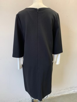 Womens, Dress, Long & 3/4 Sleeve, ELLEN TRACY, Black, Rayon, Nylon, Solid, Sz.2, Ponte Knit, White Cuffs Peeking Out at Wrists, Bateau/Boat Neck, Shift Dress, Knee Length, Invisible Zipper in Back