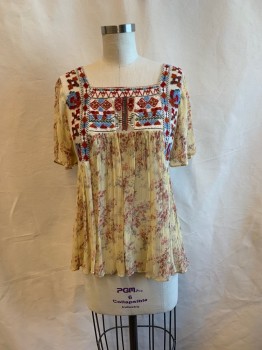 Womens, Top, ZARA, Cream, Multi-color, Synthetic, Floral, Geometric, S, Square Neck, S/S, Sheer, Orange, Red, Light Blue, Green Geo Pattern Embroidery