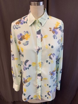 Womens, Blouse, BANANA REPUBLIC, Mint Green, Multi-color, Polyester, Floral, Abstract , S, Long Sleeves, Button Front, 8 Buttons, 2 Buttons Each Sleeve