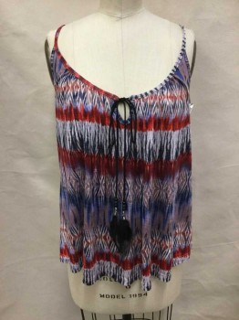 Womens, Top, HIP, Red, Blue, Dusty Lavender, Rayon, Tie-dye, S, Sleeveless, Scoop Neck, Lacing/Ties Center Front Neck with Feather Tassel Tie