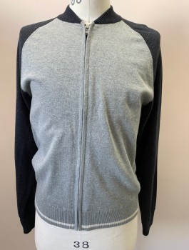 James Perse , Cotton, Cashmere, Solid, Zip Front, Light Rey Body & Charcoal Sleeves & Collar, Ribbed Collar and Ribbed Band with White Stripe on Waist.