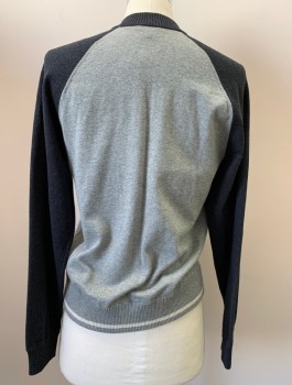 James Perse , Cotton, Cashmere, Solid, Zip Front, Light Rey Body & Charcoal Sleeves & Collar, Ribbed Collar and Ribbed Band with White Stripe on Waist.