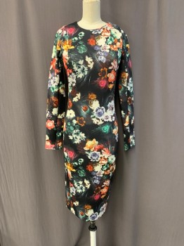 Womens, Dress, Long & 3/4 Sleeve, FELICITY & COCO, Black, White, Green, Pink, Goldenrod Yellow, Polyester, Spandex, Floral, XS, Peacock Feathers, Scoop Neck, Long Sleeves, Zip Back, Hem Below Knee