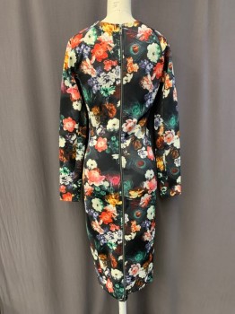 Womens, Dress, Long & 3/4 Sleeve, FELICITY & COCO, Black, White, Green, Pink, Goldenrod Yellow, Polyester, Spandex, Floral, XS, Peacock Feathers, Scoop Neck, Long Sleeves, Zip Back, Hem Below Knee