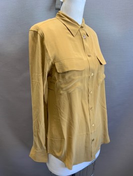 Womens, Blouse, EQUIPMENT FEMME, Caramel Brown, Silk, Solid, S, Long Sleeves, Button Front, Collar Attached, 2 Patch Pockets with Flaps