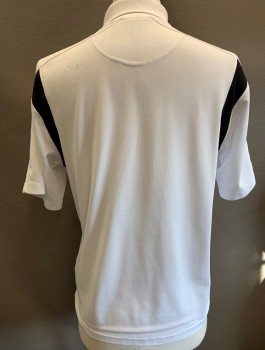 SLAZENGER, White, Black, Polyester, Solid, Stretchy, Black Panels at Underarms, Short Sleeves, Collar Attached, 3 Button Placket