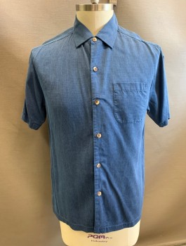 Mens, Casual Shirt, TOMMY BAHAMA, Dk Blue, Blue, Silk, 2 Color Weave, L, Short Sleeves, Button Front, Collar Attached, 1 Patch Pocket, Buttons Look Like Wood, Oversized Fit