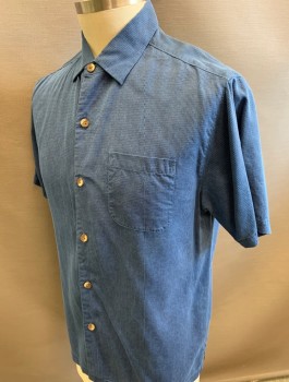 Mens, Casual Shirt, TOMMY BAHAMA, Dk Blue, Blue, Silk, 2 Color Weave, L, Short Sleeves, Button Front, Collar Attached, 1 Patch Pocket, Buttons Look Like Wood, Oversized Fit