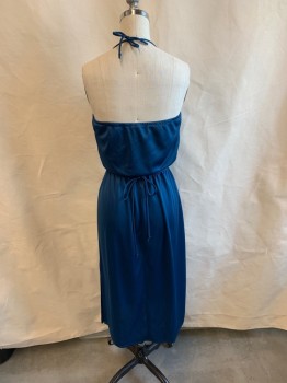 N/L, Blue, Polyester, Solid, Halter, Pleated Bust, Elastic Waistband, Tie Belt