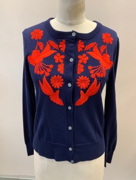 Womens, Sweater, J CREW, Navy Blue, Red, Wool, Solid, Floral, S, L/S, CN, Embroiderred Floral Pattern, Pearl Buttons