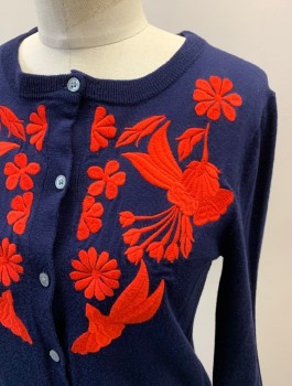 J CREW, Navy Blue, Red, Wool, Solid, Floral, L/S, CN, Embroiderred Floral Pattern, Pearl Buttons