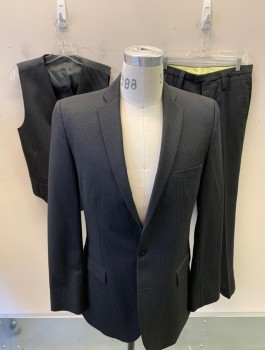 Mens, Suit, Jacket, J. LINDBERG, Black, White, Wool, Stripes - Pin, 38R, 2 Button, 3 Pocket, 2 Vent