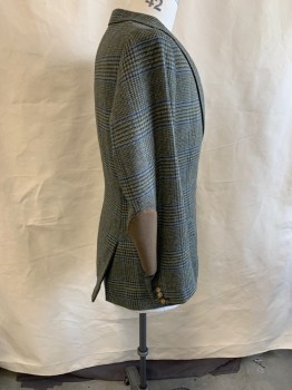 Mens, Sportcoat/Blazer, GANT, Green, Blue, Brown, Wool, Plaid, Plaid-  Windowpane, 44S, Single Breasted, Notched Lapel, 2 Pockets, Brown Elbow Patches, 2 Vents At Back, Sleeves Have Been Shortened And Can Be Released.