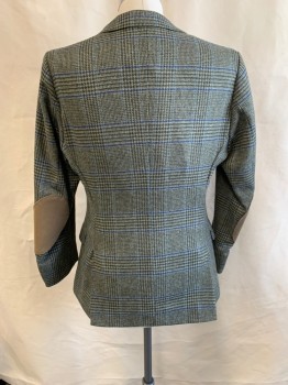 Mens, Sportcoat/Blazer, GANT, Green, Blue, Brown, Wool, Plaid, Plaid-  Windowpane, 44S, Single Breasted, Notched Lapel, 2 Pockets, Brown Elbow Patches, 2 Vents At Back, Sleeves Have Been Shortened And Can Be Released.