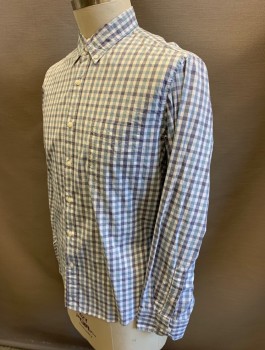 J CREW, White, Slate Blue, Navy Blue, Cotton, Elastane, Check , Long Sleeves, Button Front, Collar Attached, Button Down Collar, 1 Patch Pocket