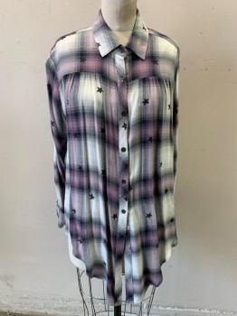 Womens, Blouse, VINTAGE HAVANNA, White, Black, Mauve Pink, Rayon, Plaid, Stars, S, Long Sleeves, Button Front, Collar Attached,